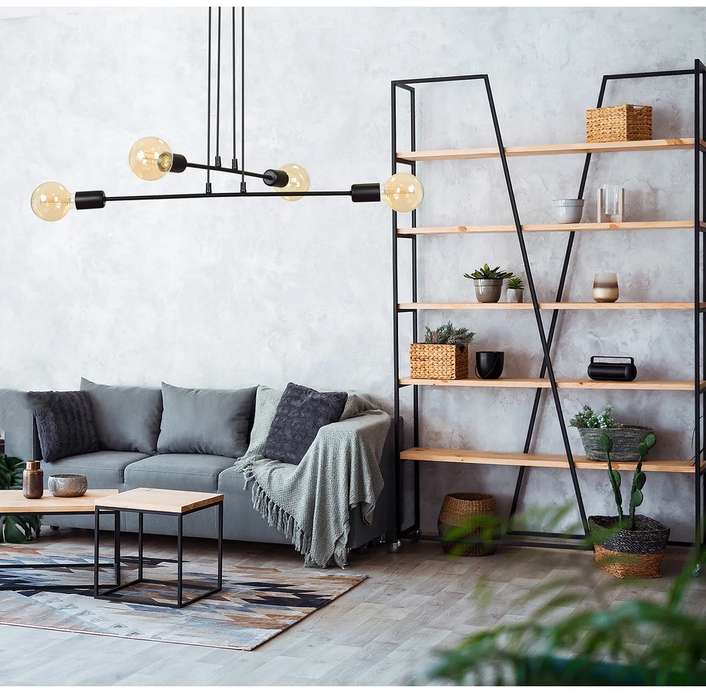 Lampadario Industrial 4 Luci Multiplo In Acciaio Nero A Bracci