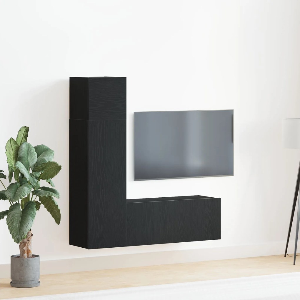 Set di mobili tv 3 pezzi in legno ingegnerizzato di rovere nero