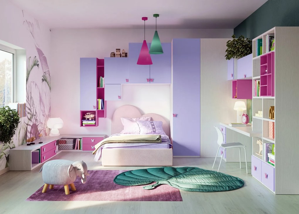 Cameretta completa doppia Capy linea Colorfull finitura Nuvola Frassino, Ciclamino e Malva