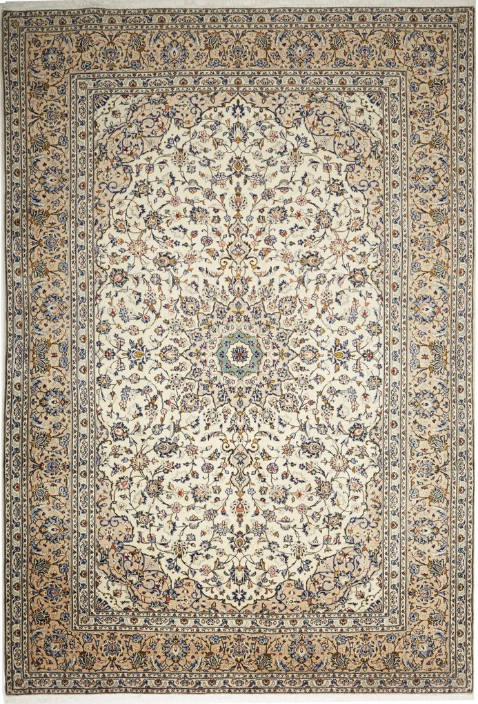 Kashan Tappeto 340x240 Beige (Iran) Annodato A Mano