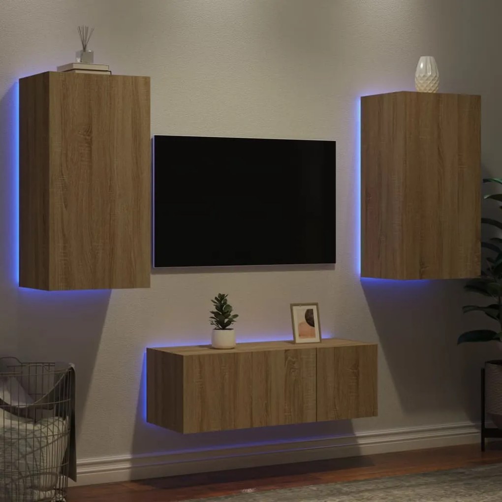 Mobili tv a muro con led 4pz rovere sonoma legno multistrato