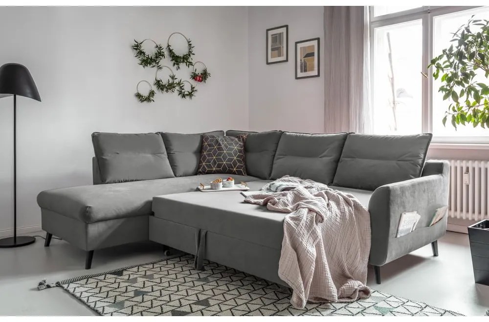 Divano letto angolare in velluto grigio chiaro L, angolo sinistro Stylish Stan - Miuform