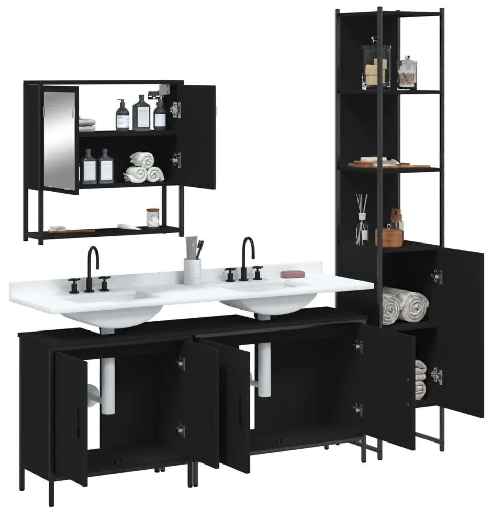 Set mobili da bagno 4 pz nero in legno multistrato