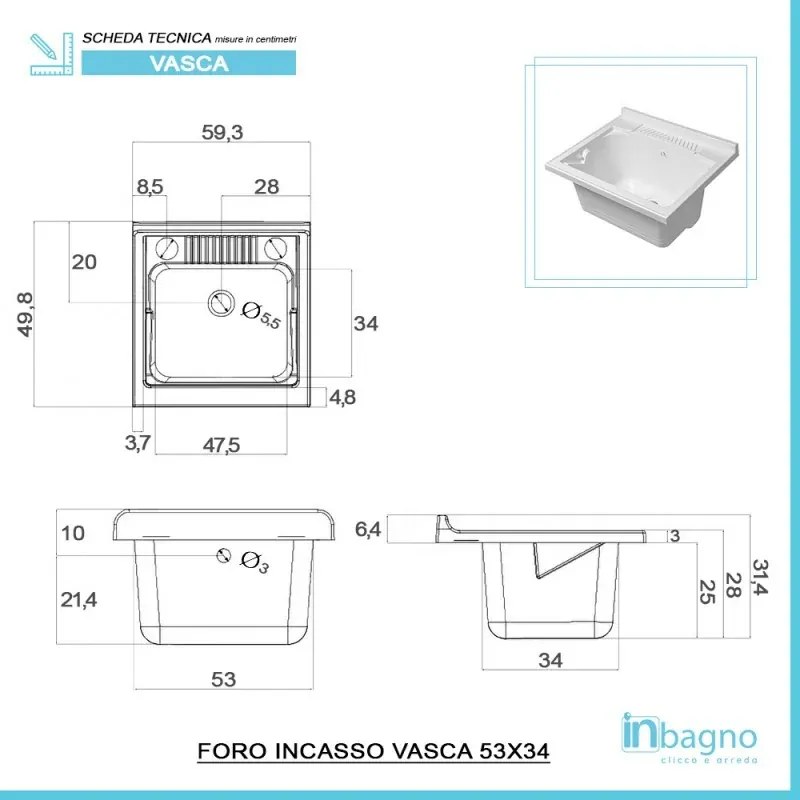 Mobile lavatoio 60x50 bianco con serranda vasca e asse lavapanni