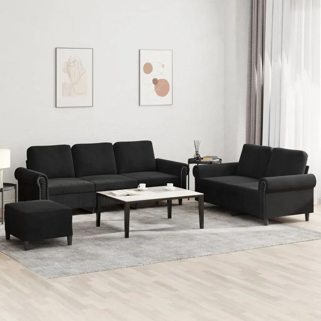 Set Di Divani 3 Pz Con Cuscini Nero İn Velluto /