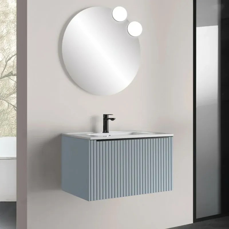 Mobile bagno sospeso 70 cm azzurro polvere cannettato con cassetto, specchio e lavabo Nara