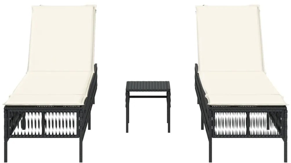 Lettini prendisole 2 pz con tavolino nero in polyrattan