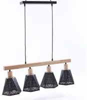 Lampadario a 4 Luci 90x18xH30 cm in Metallo Nero e Legno Naturale