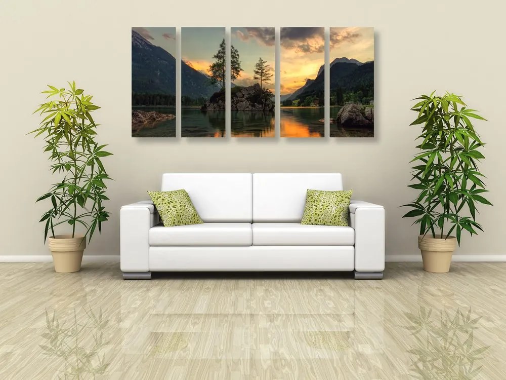 Quadri 5 pezzi – Paesaggio montano sul lago