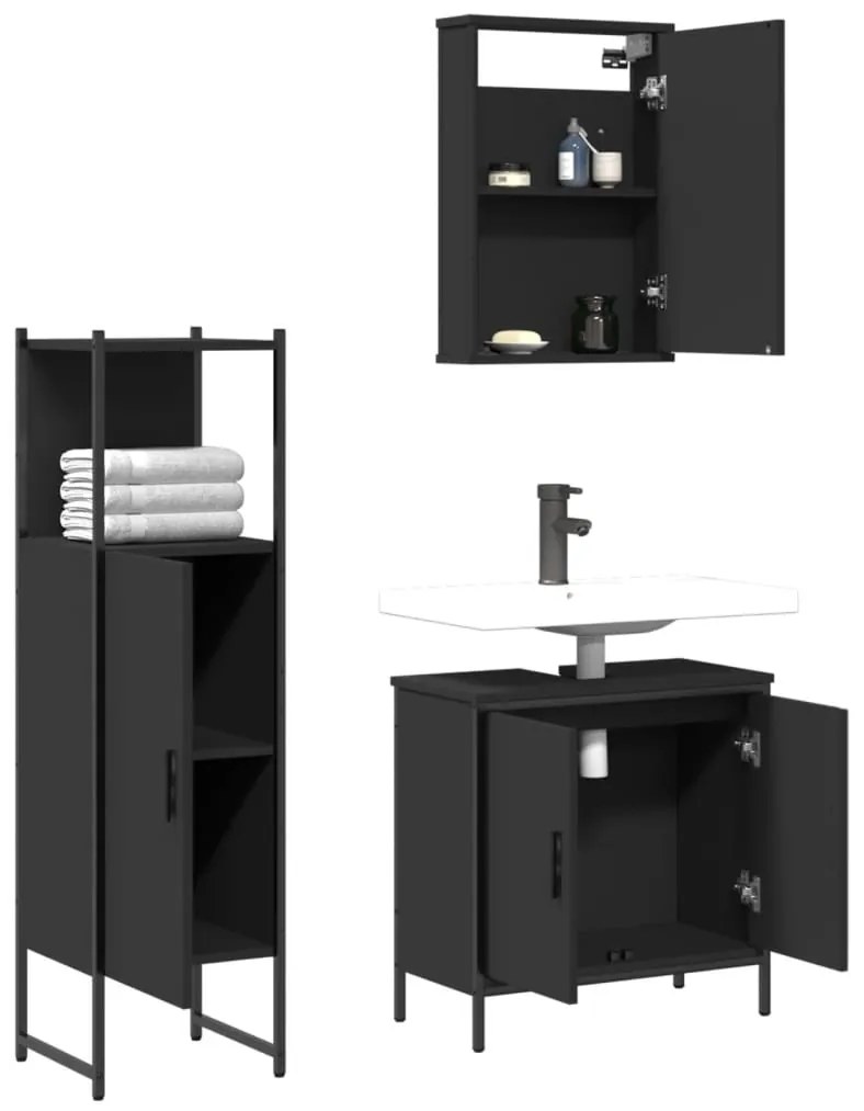 Set mobili da bagno 3 pz nero in legno multistrato