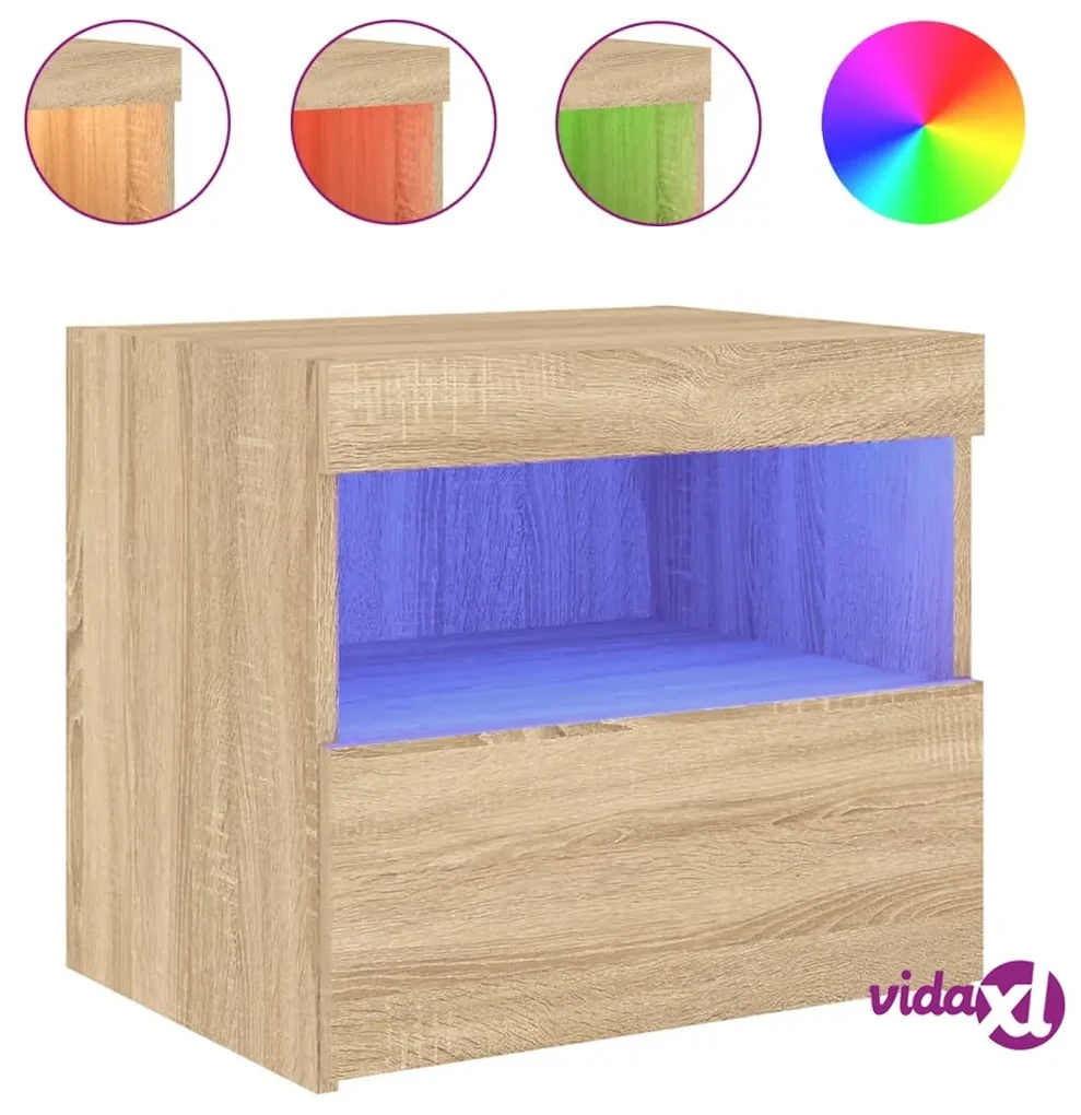 vidaXL Comodino con Luci LED a Parete Rovere Marrone