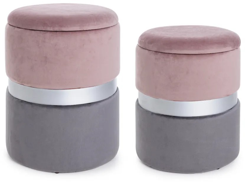 Set di 2 pouf contenitore POLINA in velluto rosa-grigio