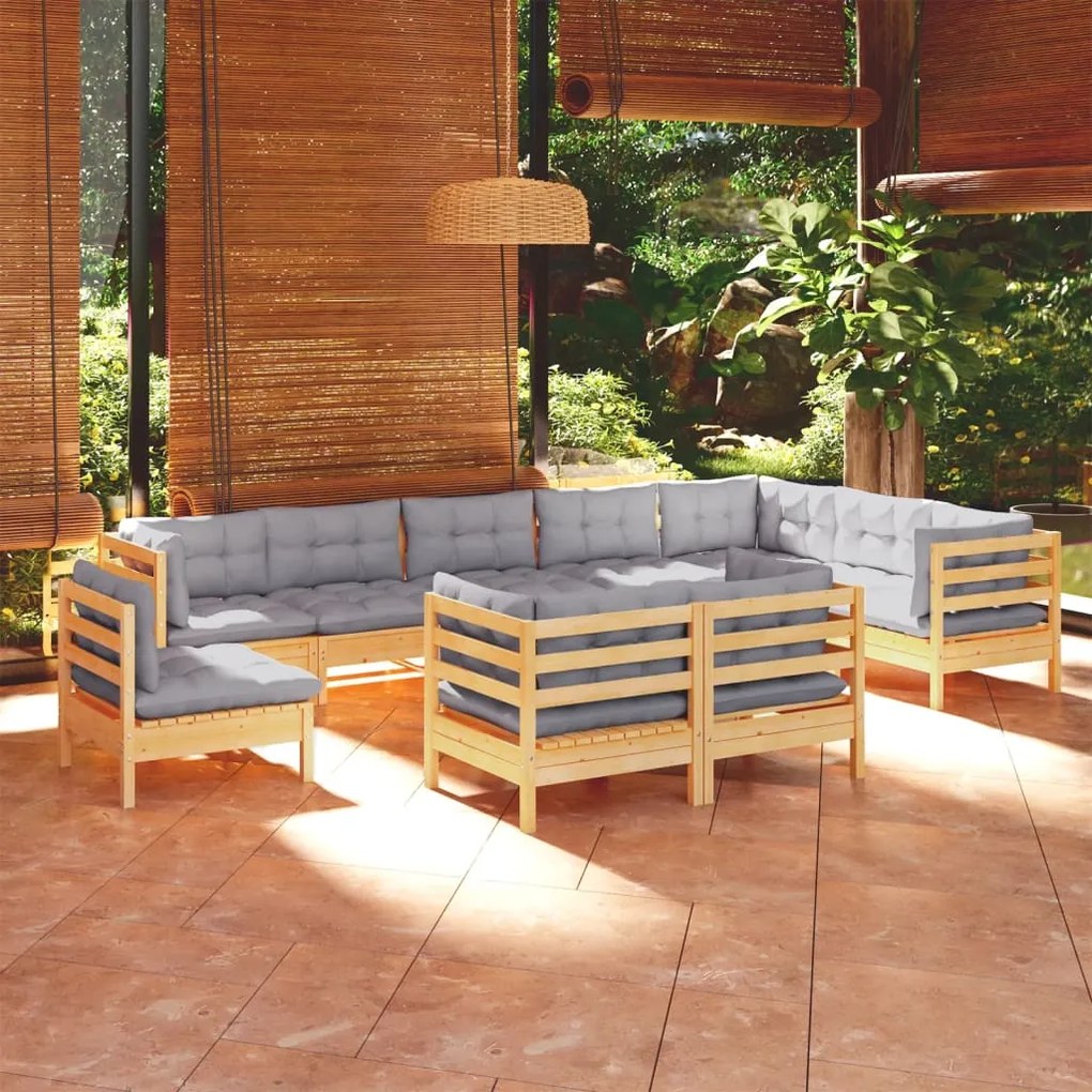 Set divani da giardino 10 pz con cuscini grigi massello di pino