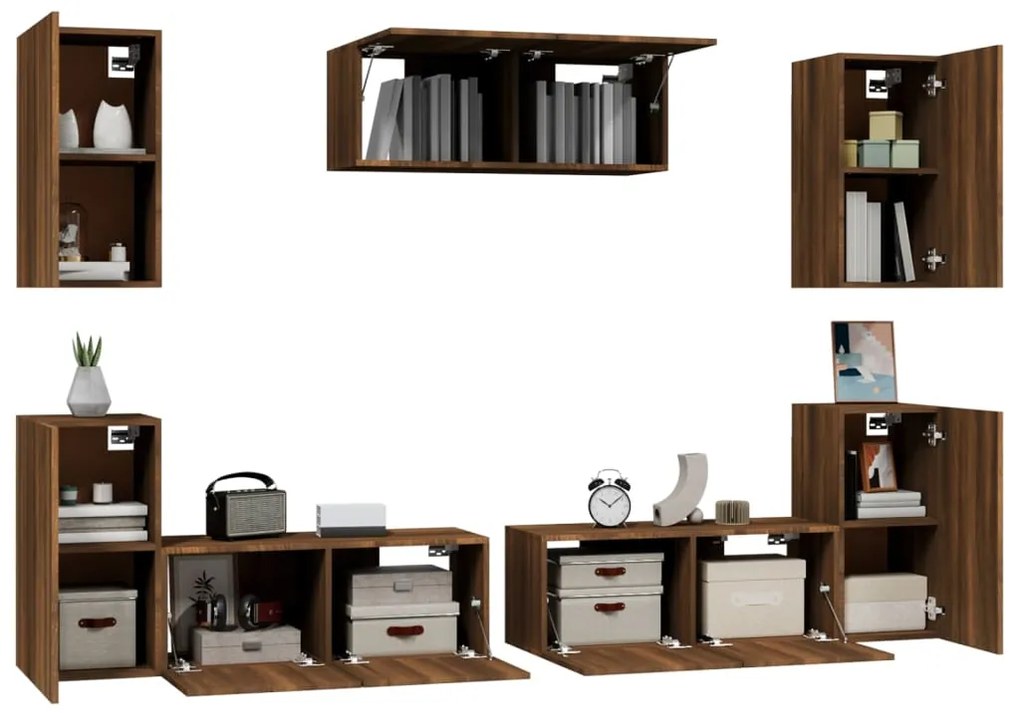 Set mobili porta tv 7 pz rovere marrone in legno multistrato