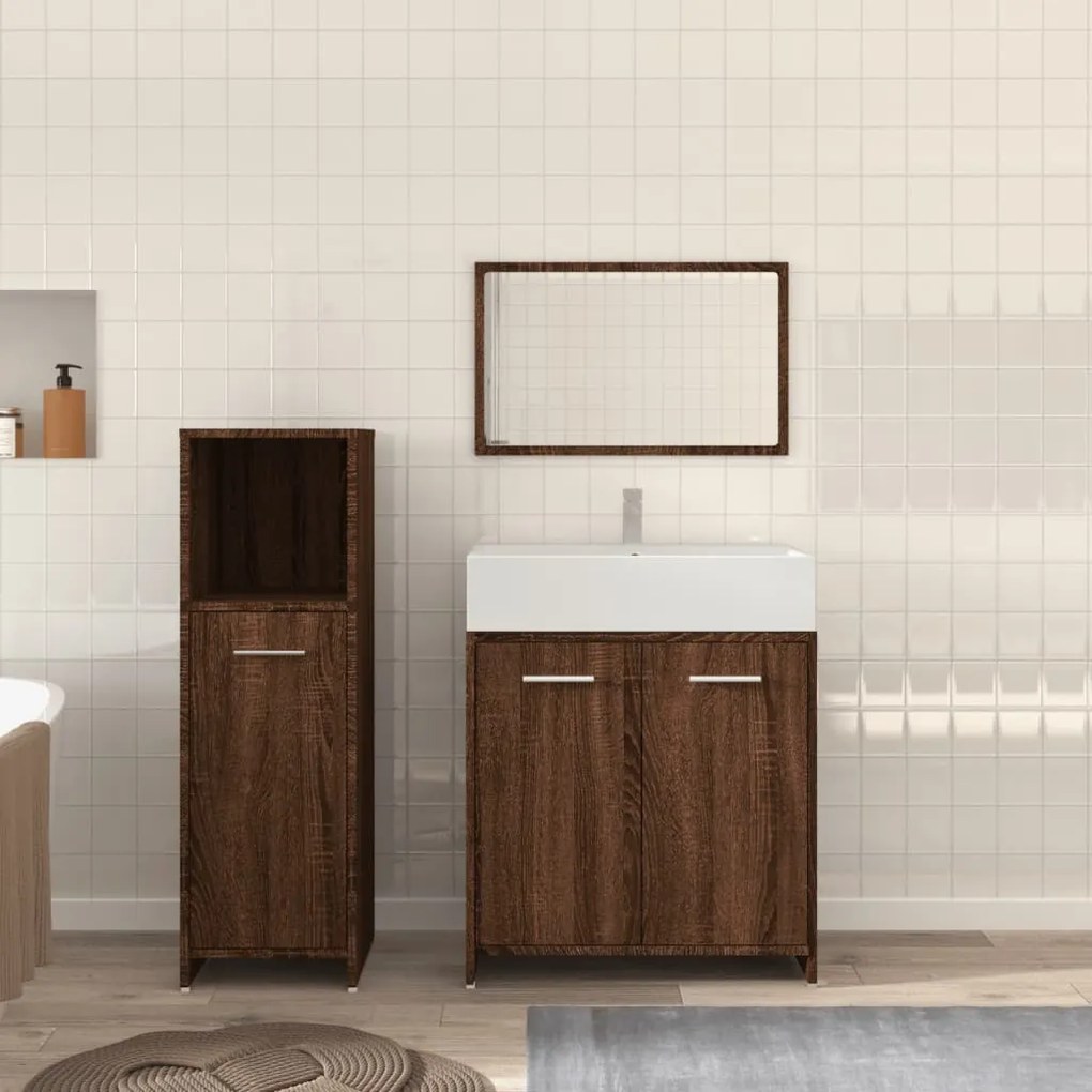 Set mobili da bagno 3 pz rovere marrone in legno multistrato