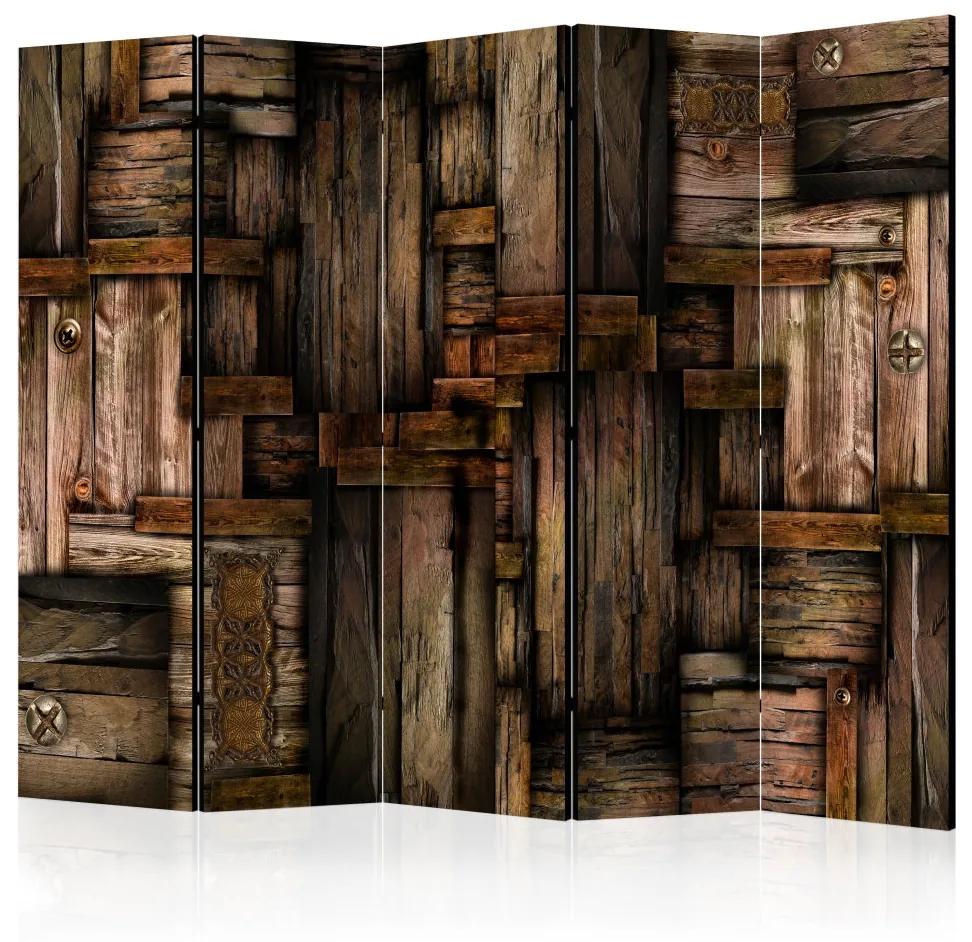 Paravento separè Puzzle di Legno II (5-parti) - sfondo con pezzi di legno scuro