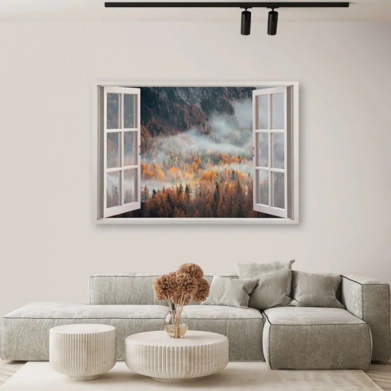 Quadro su tela, Finestra autunnale della nebbia in montagna  Dimensioni Tappeti 120x80