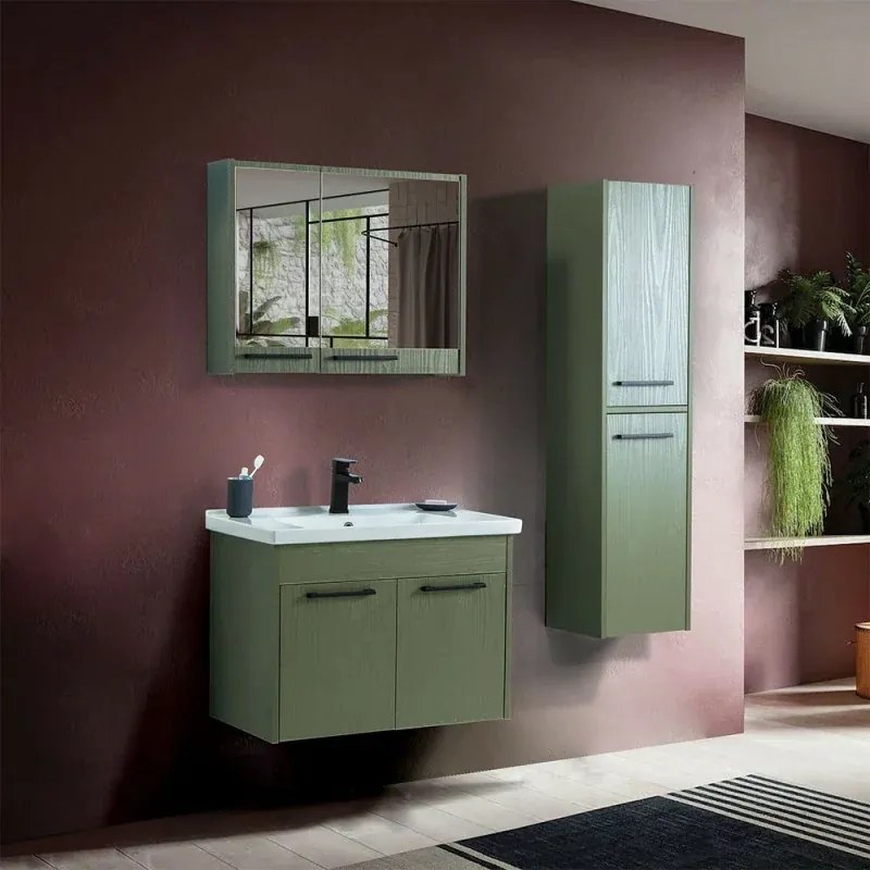 Mobile bagno sospeso 80 cm verde effetto legno con armadietto a specchio Sofia