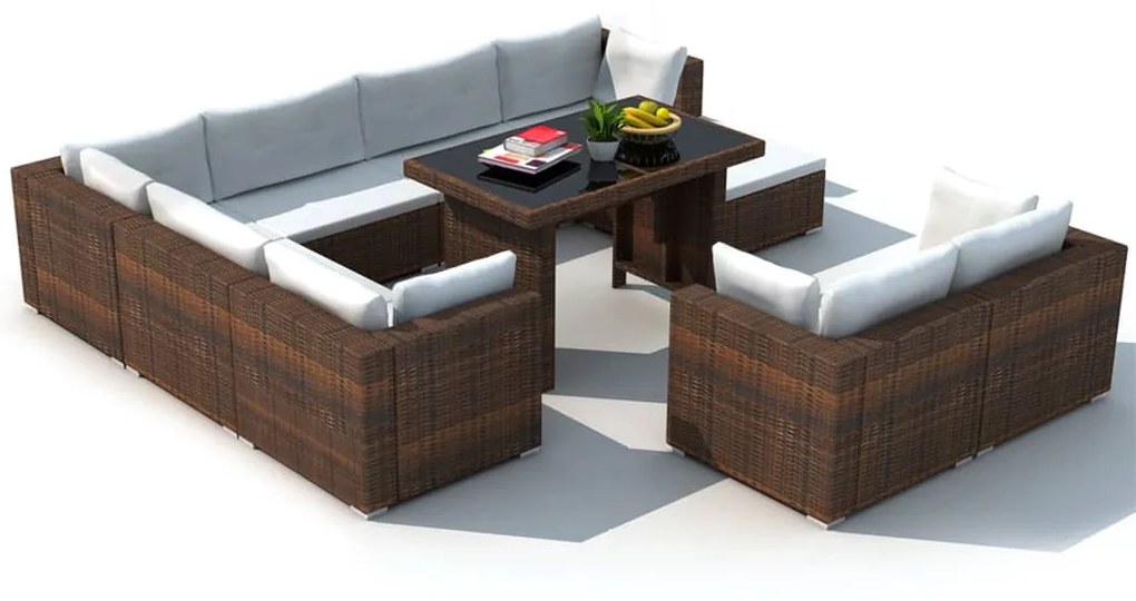 Set divani da giardino 10 pz con cuscini in polyrattan marrone