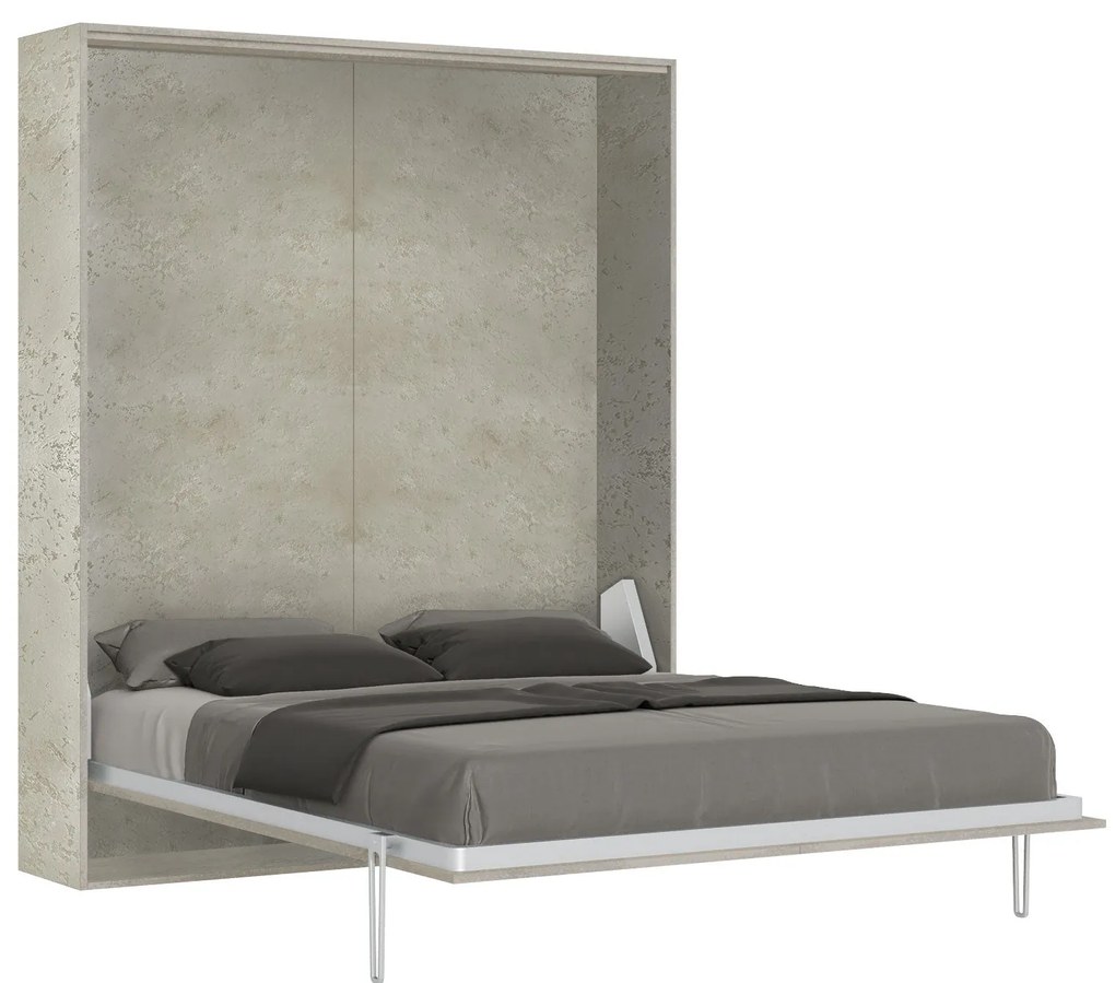 Letto matrimoniale a scomparsa 160 verticale Kentaro con colonna e pensili, Cemento / Classic