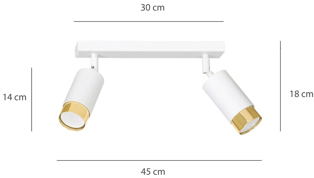 Plafoniera 2 Luci A Faretti Orientabili A Cilindro In Acciaio Bianco E Oro