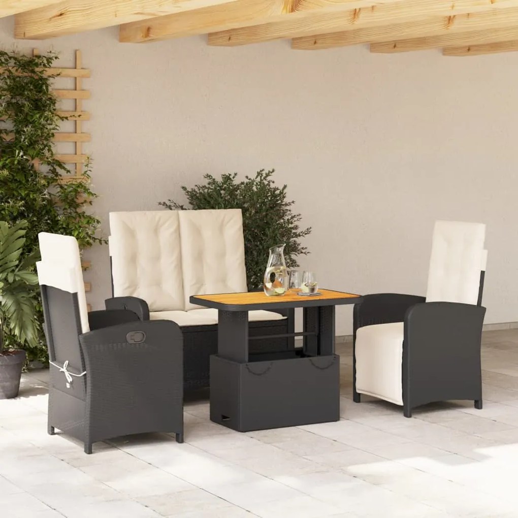 Set da pranzo da giardino 4 pz con cuscini nero in polyrattan