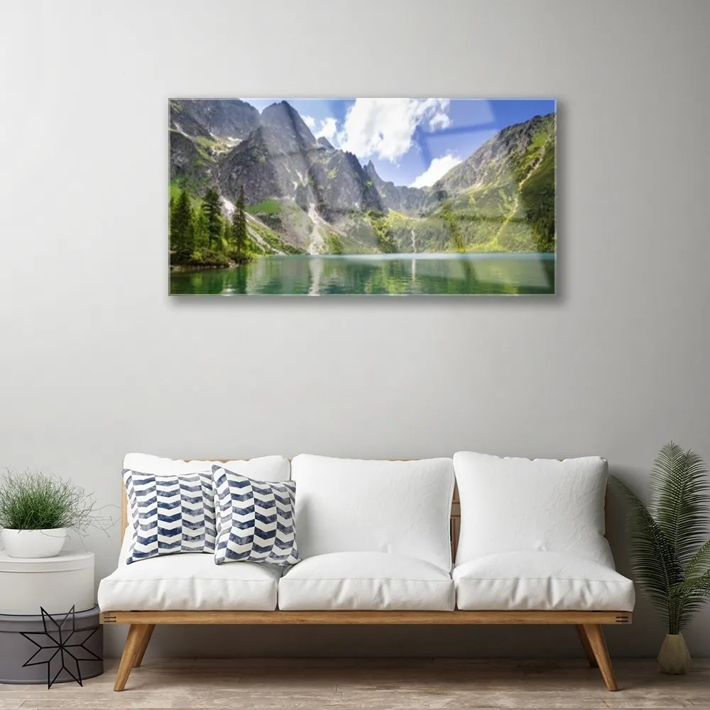 Quadro su vetro Paesaggio del lago di montagna 100x50 cm 2 appendini