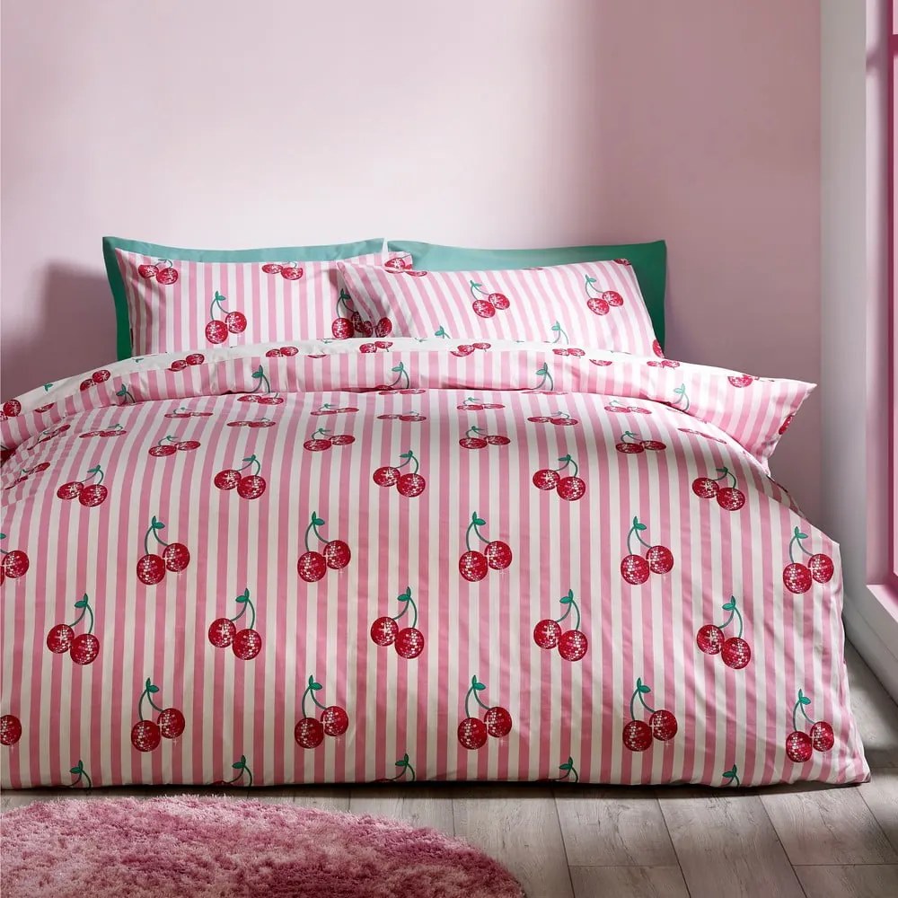 Set copripiumino e federa bianco e rosa per letto matrimoniale 200x200 cm Disco Cherries Stripes – Catherine Lansfield