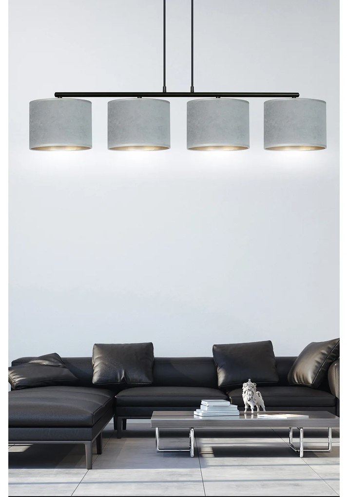 Lampadario 4 Luci Ganesha In Acciaio Nero E Paralumi In Tessuto Grigio