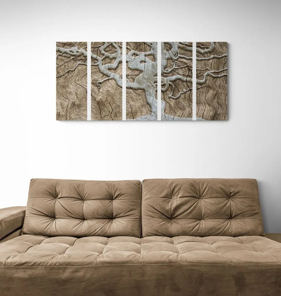 Quadri 5 pezzi – Albero astratto su legno in tonalità beige