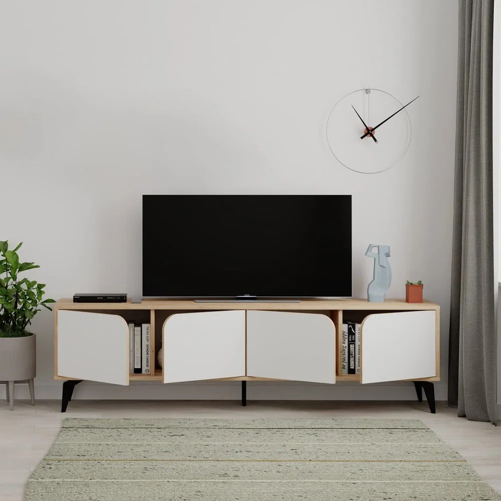 Tavolo TV in rovere decorato in bianco e naturale 180x51 cm Nola - Marckeric