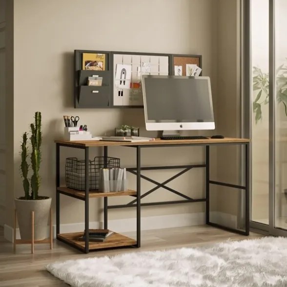 Scrivania Industrial Con Ripiani Laterali 140x60x75H Rovere E Antracite Voyage SX