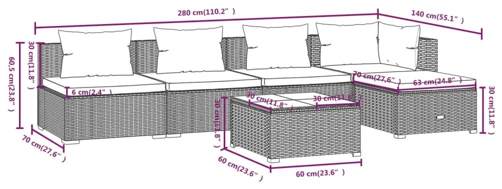 Set Divani da Giardino 6 pz con Cuscini in Polyrattan Marrone