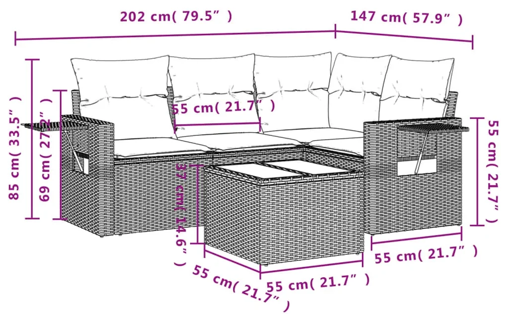 Set divani da giardino 5 pz con cuscini in polyrattan nero
