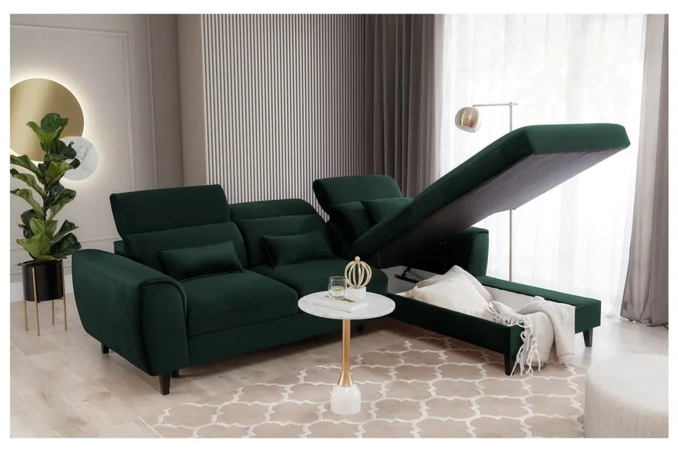 Divano angolare verde scuro allungabile/con contenitore (con penisola a destra/con chaise lounge) e rivestimento in velluto Foble – ELTAP