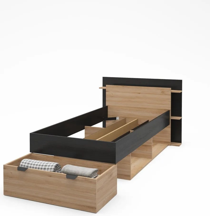 Letto singolo effetto rovere con contenitore senza griglia in colore nero-naturale 90x200 cm Albo - Marckeric