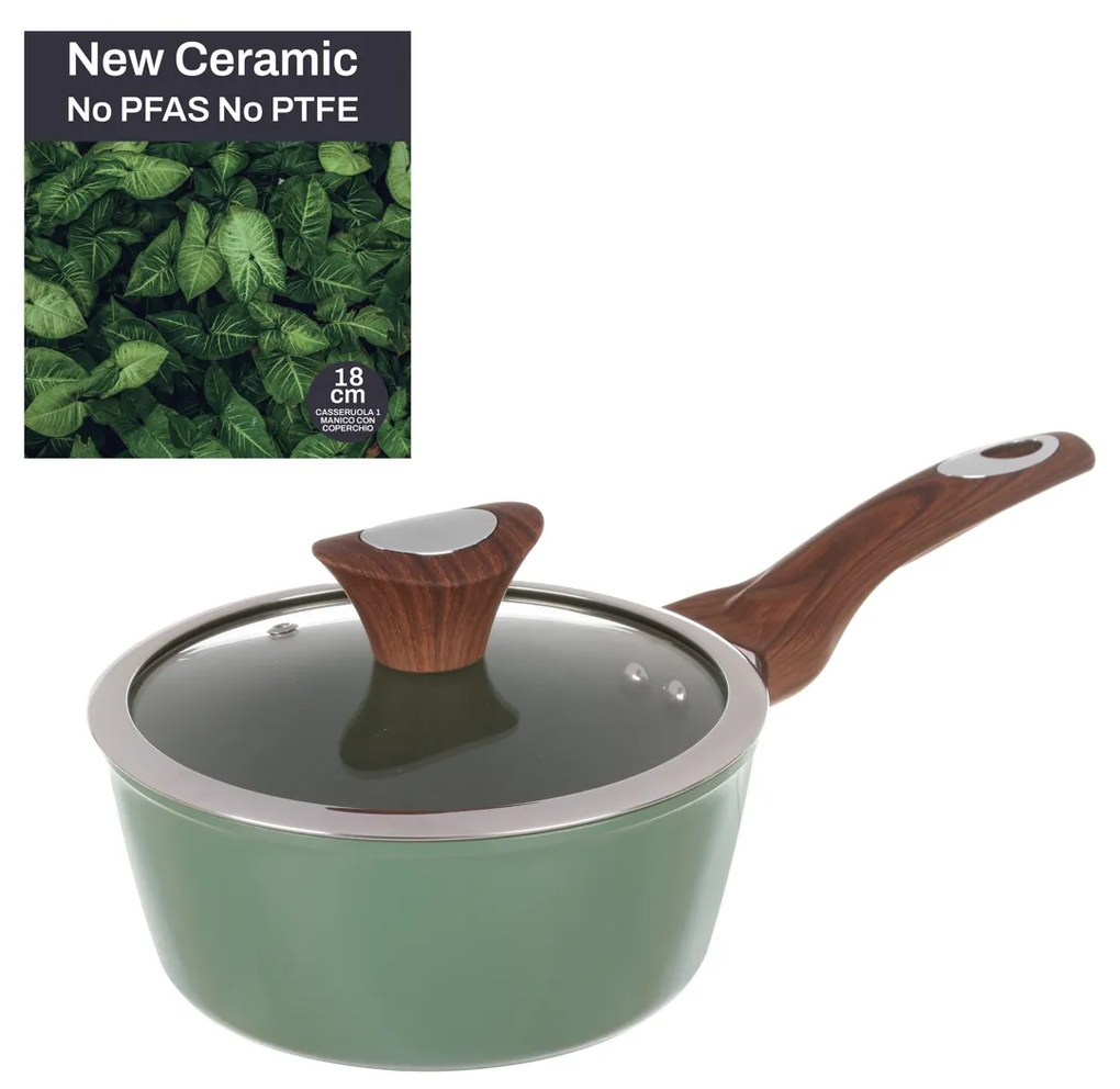 Casseruola un manico 18 cm con coperchio verde New Ceramic