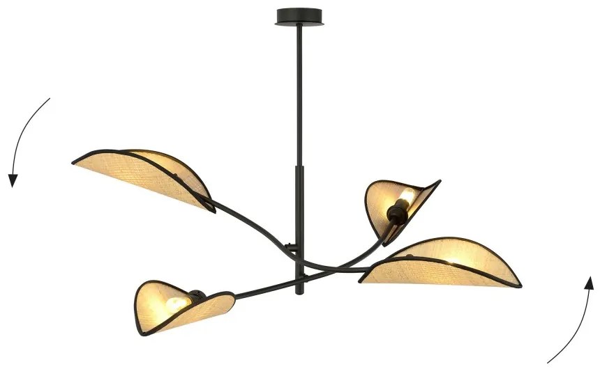 Lampadario a Sospensione in Acciaio e Tessuto LOTUS 4 Nero 4xE14 Colore del corpo Nero e Rattan