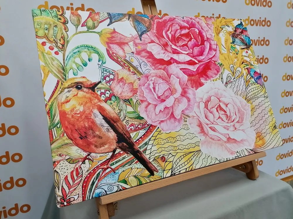 Quadro su tela – Uccellino vintage con fiori