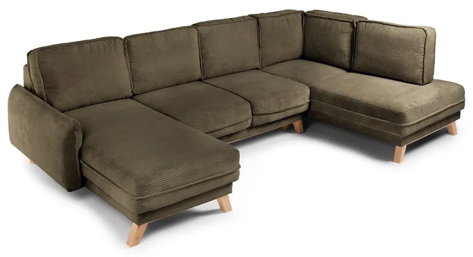 Divano angolare verde allungabile (con penisola a destra/a forma di "U") con rivestimento in velluto a coste Tori – Bonami Selection