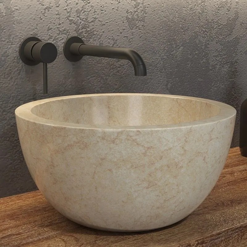 Kamalu - lavabo bagno design a ciotola in marmo colore crema 40cm | litos-lc40