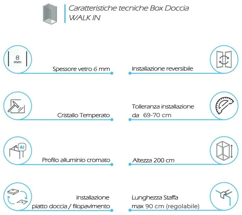 Doccia Walk-In 70 cm cristallo trasparente 6 mm H 200 cm Klug