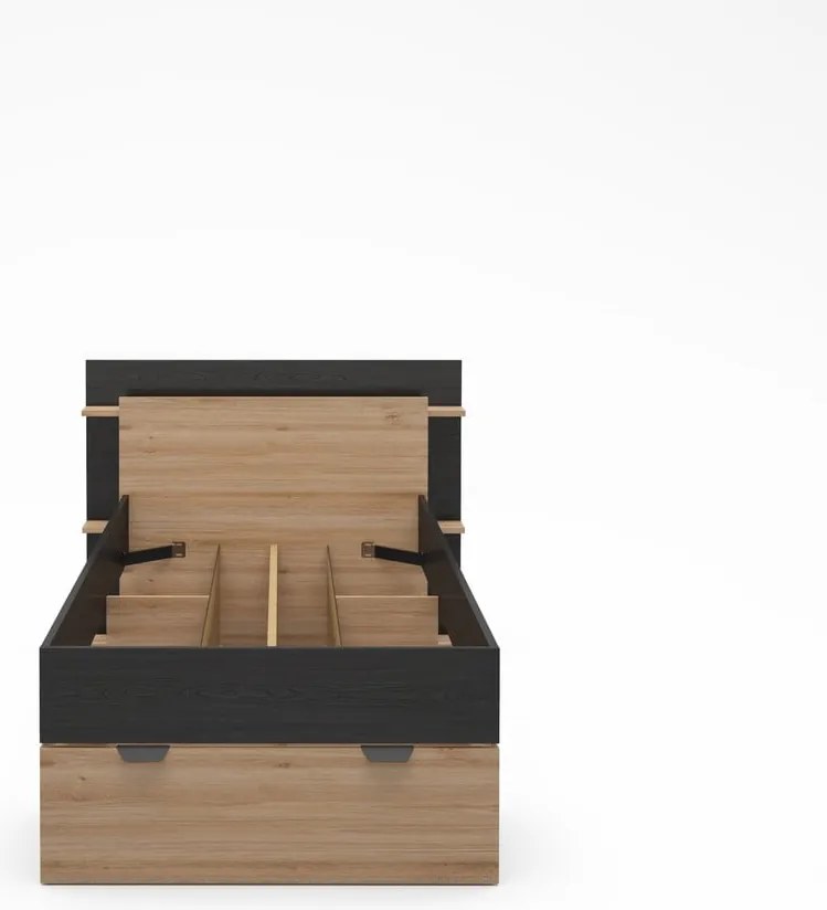 Letto singolo effetto rovere con contenitore senza griglia in colore nero-naturale 90x200 cm Albo - Marckeric