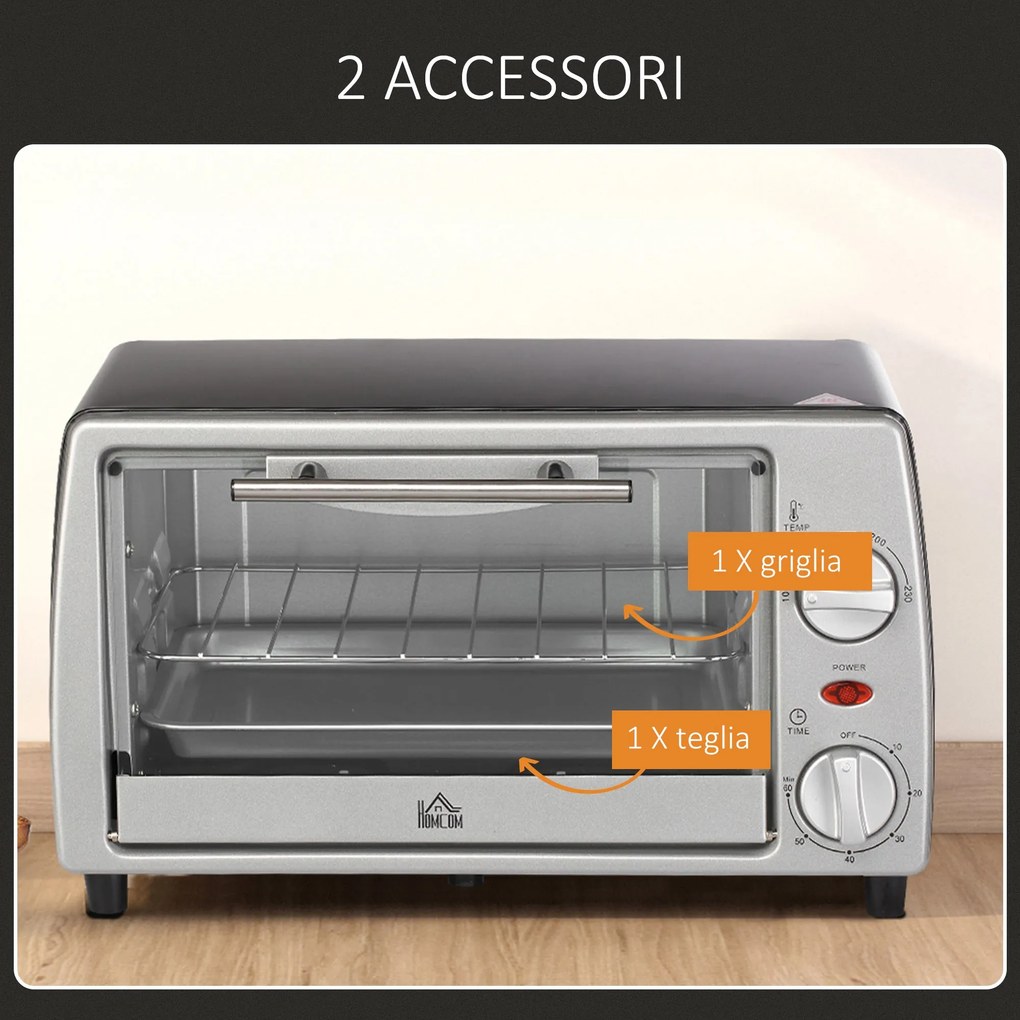 Fornetto Elettrico 750W 10 Litri con Griglia e Teglia Argento e Nero...