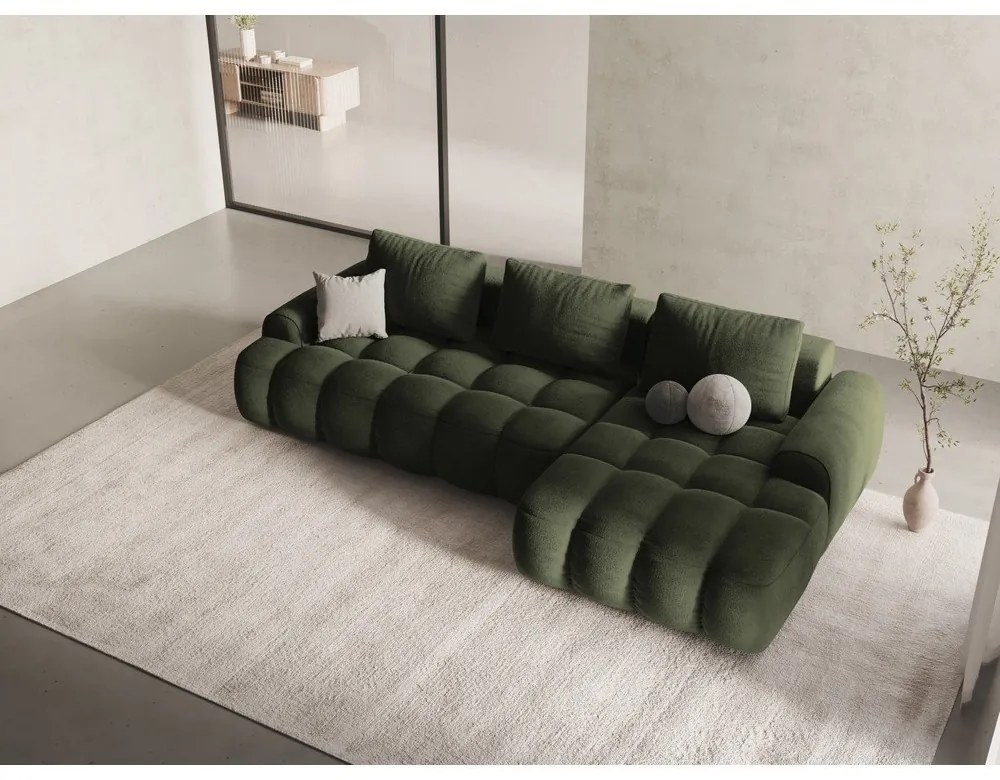 Divano angolare verde allungabile/con contenitore (con penisola a destra/con chaise lounge) con rivestimento in velluto Linz – Cosmopolitan Design