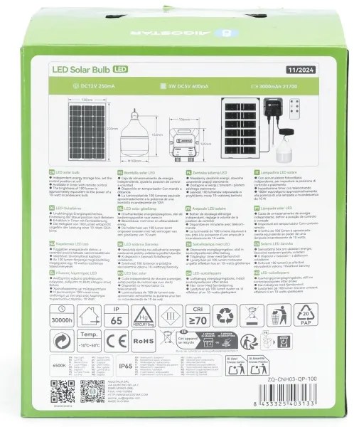 Aigostar - Lampadario solare a LED 35W/12V 3000 mAh 6500K, diam. 10 cm