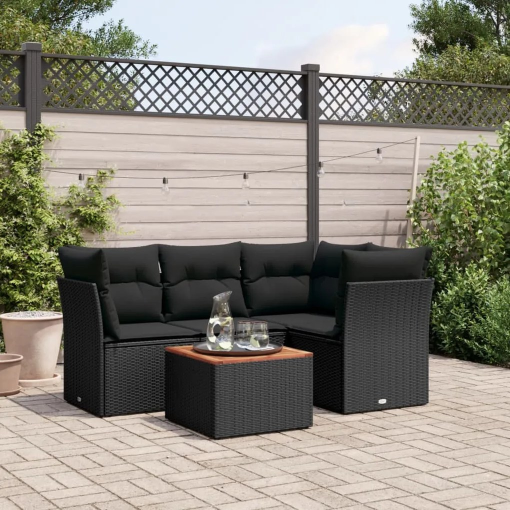 Set divani da giardino 5 pz con cuscini in polyrattan nero