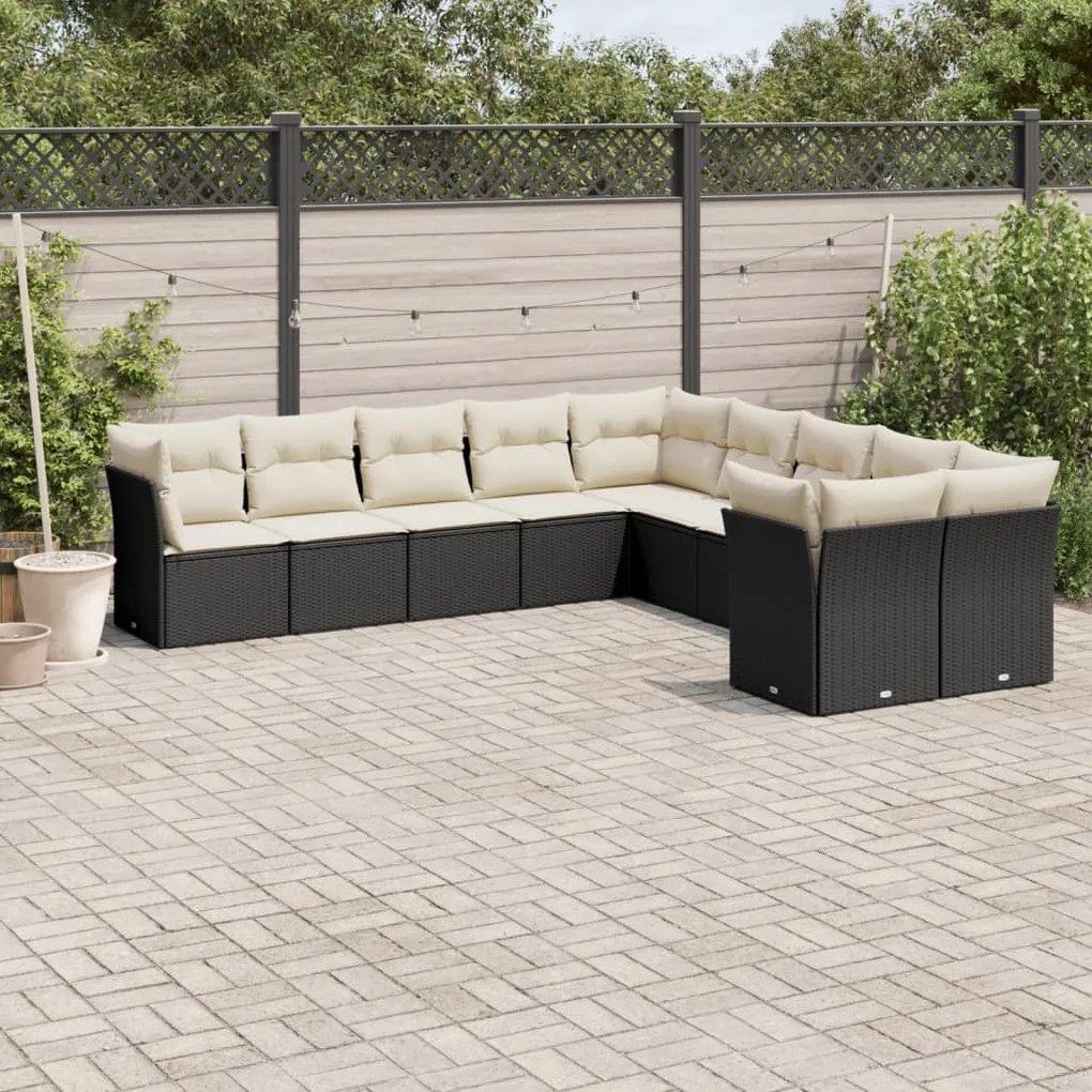 Set divani da giardino 10pz con cuscini in polyrattan nero