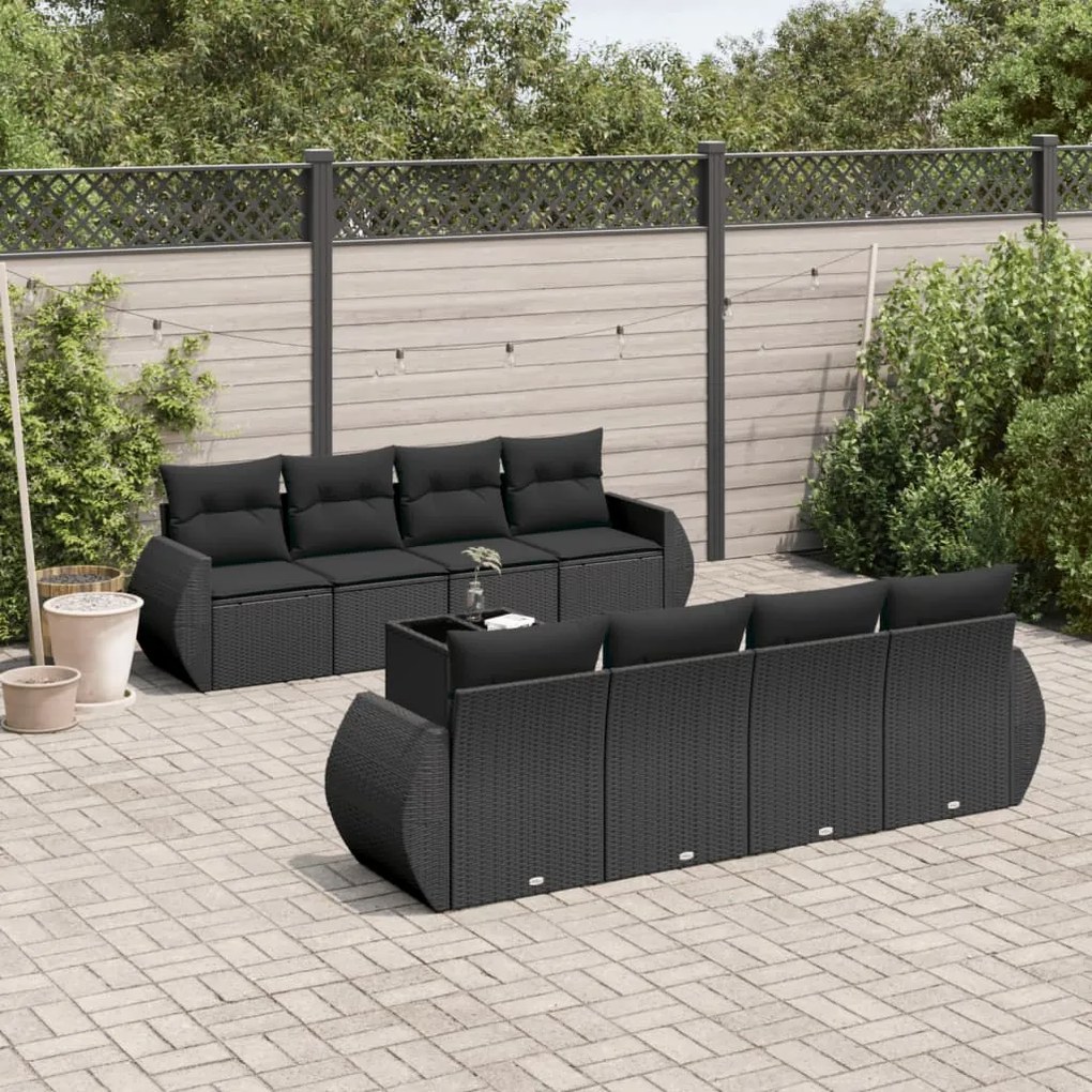 Set divani da giardino 9 pz con cuscini nero in polyrattan