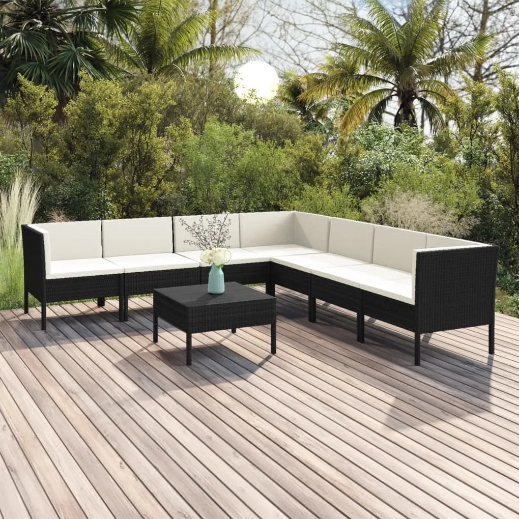 Set divani da giardino 8 pz con cuscini in polyrattan nero